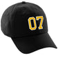 I&W Hatgear Customized Number Hat 00 to 99 Team Colors Baseball Cap, Black Hat White Gold