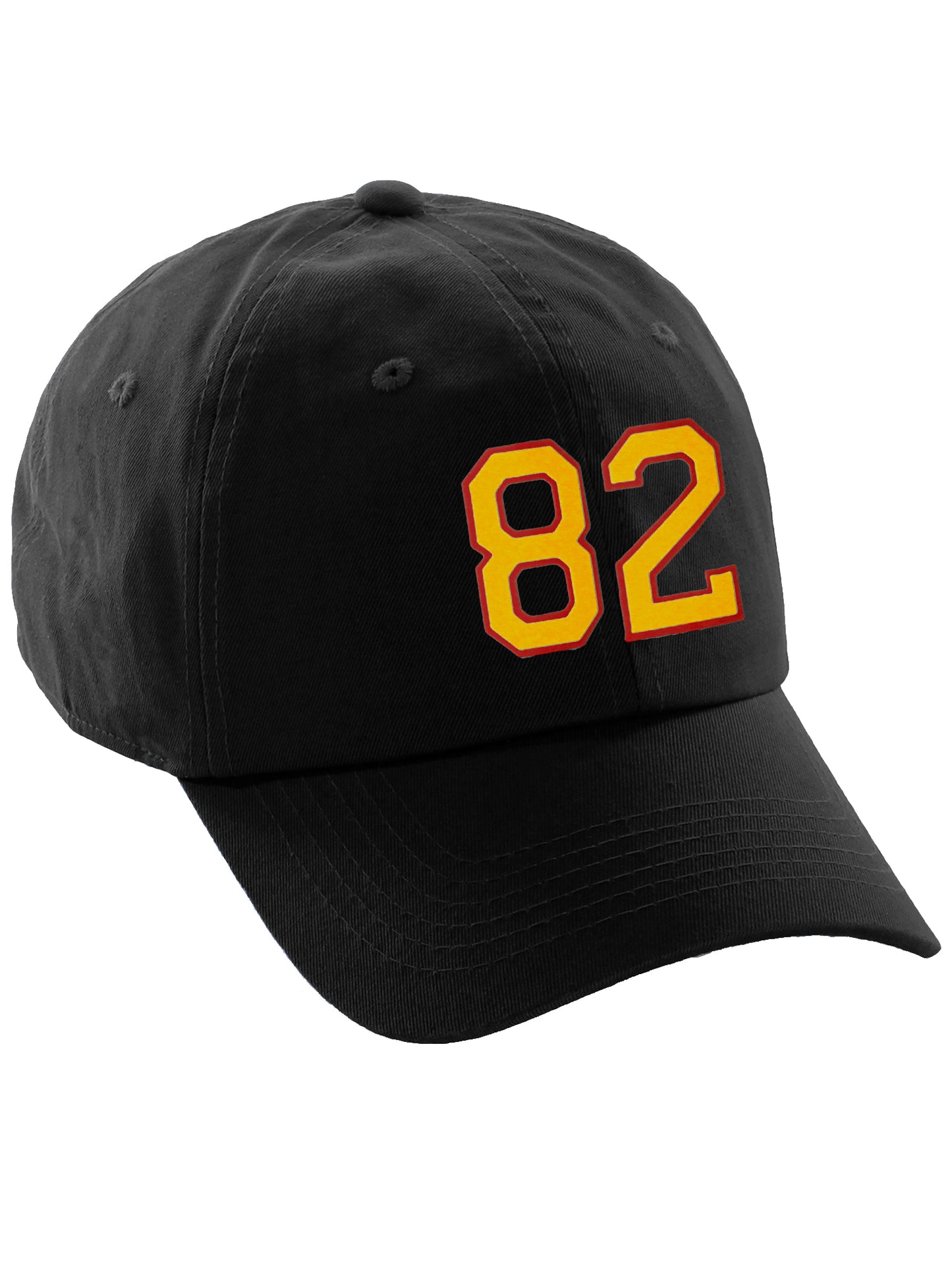 I&W Hatgear Customized Number Hat 00 to 99 Team Colors Baseball Cap, Black Hat Red Gold