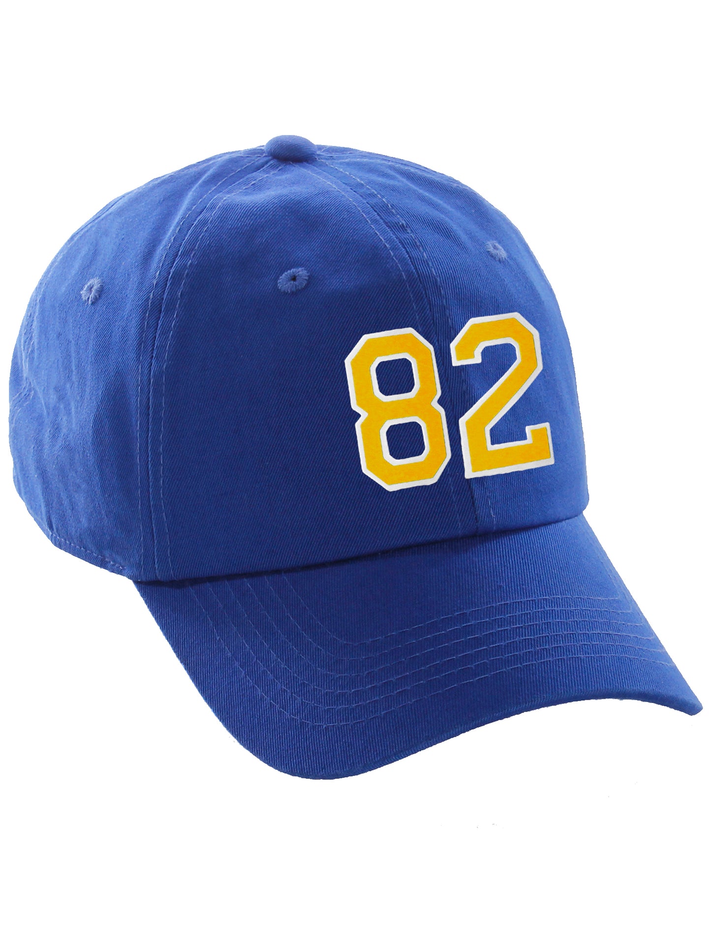 I&W Hatgear Customized Number Hat 00 to 99 Team Colors Baseball Cap, Blue hat White Gold