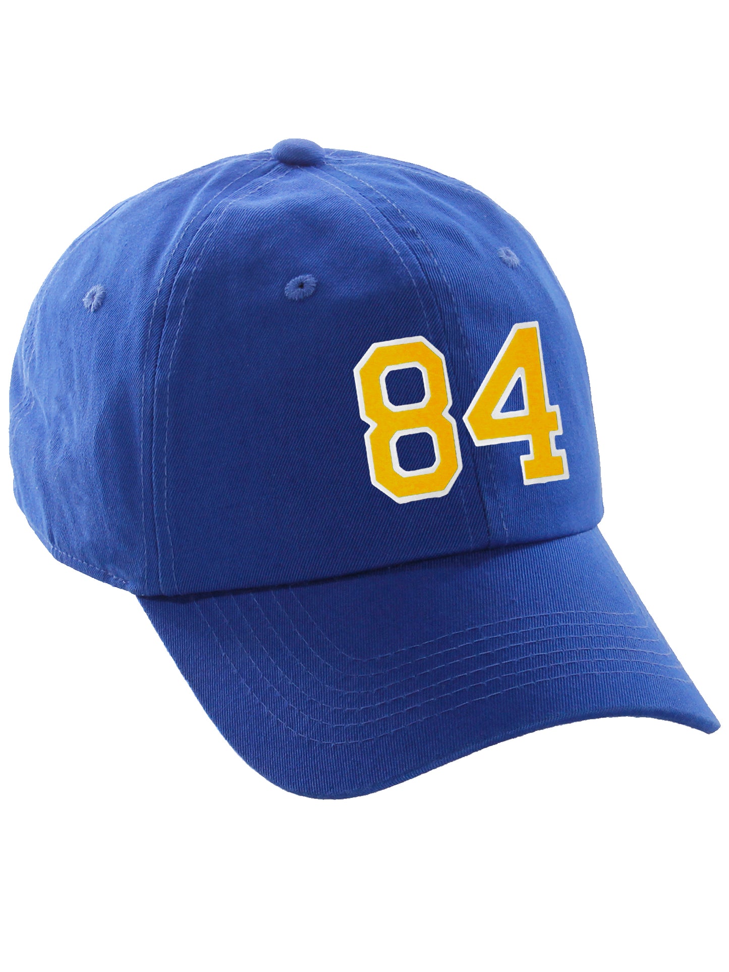 I&W Hatgear Customized Number Hat 00 to 99 Team Colors Baseball Cap, Blue hat White Gold