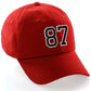 Customized Number Hat 00 to 99 Team Colors Baseball Cap, Red Hat White Black