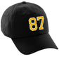 I&W Hatgear Customized Number Hat 00 to 99 Team Colors Baseball Cap, Black Hat White Gold