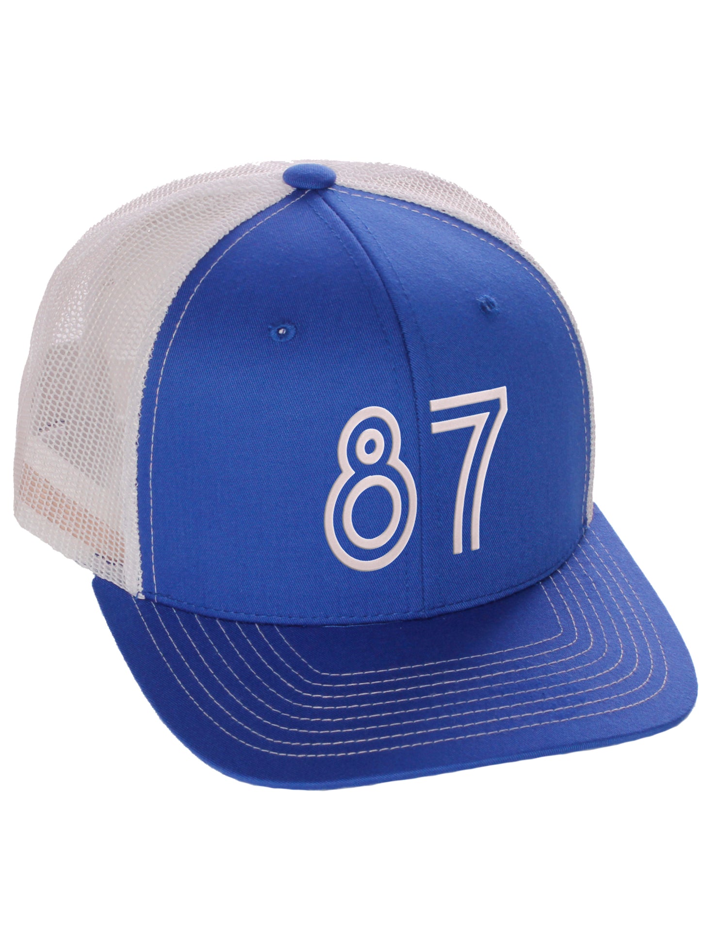 Daxton Team Numbers Structured Trucker Mesh Hat Mid Profile Cap, Royal White