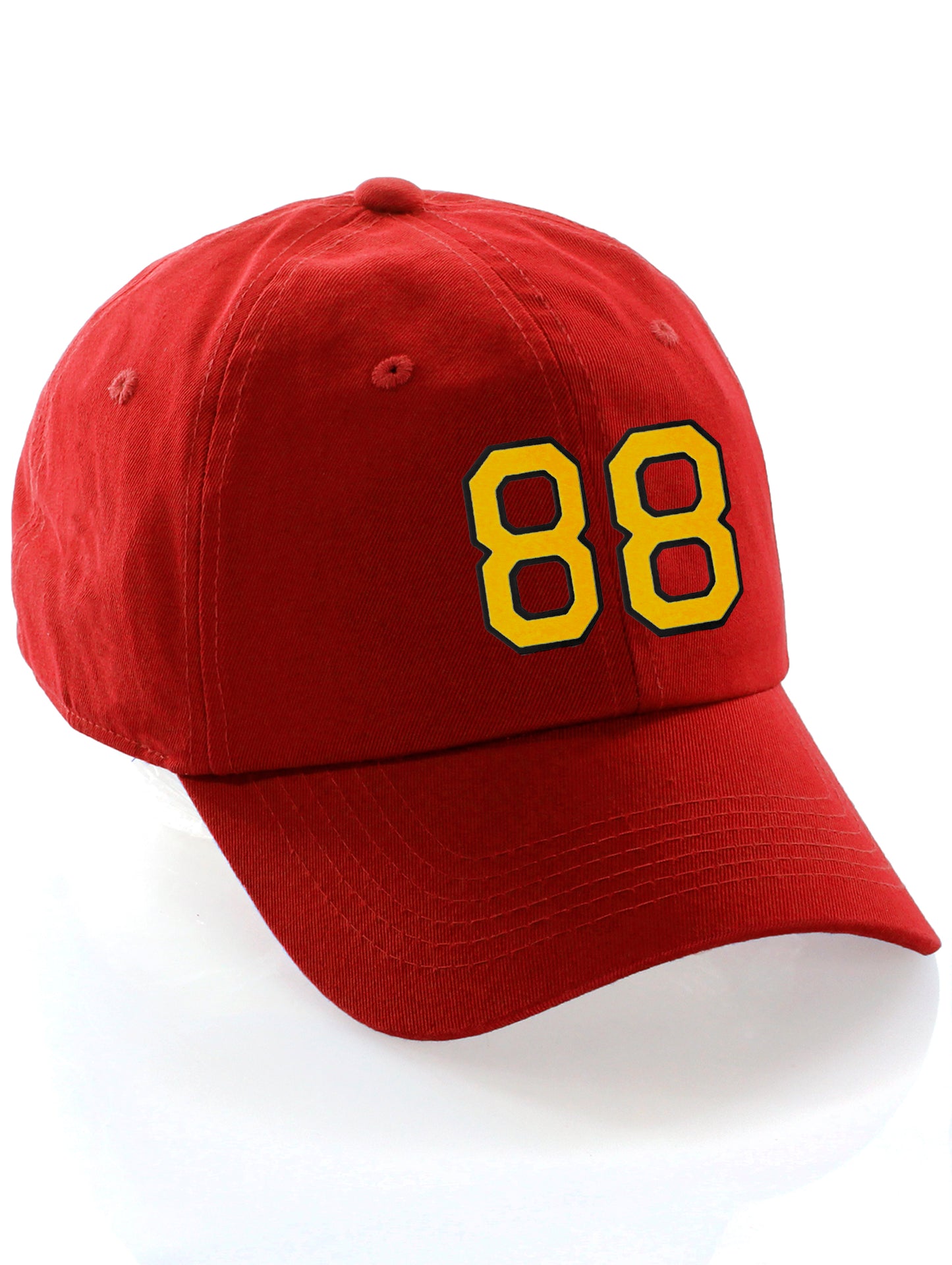 Customized Number Hat 00 to 99 Team Colors Baseball Cap, Red hat Black Gold