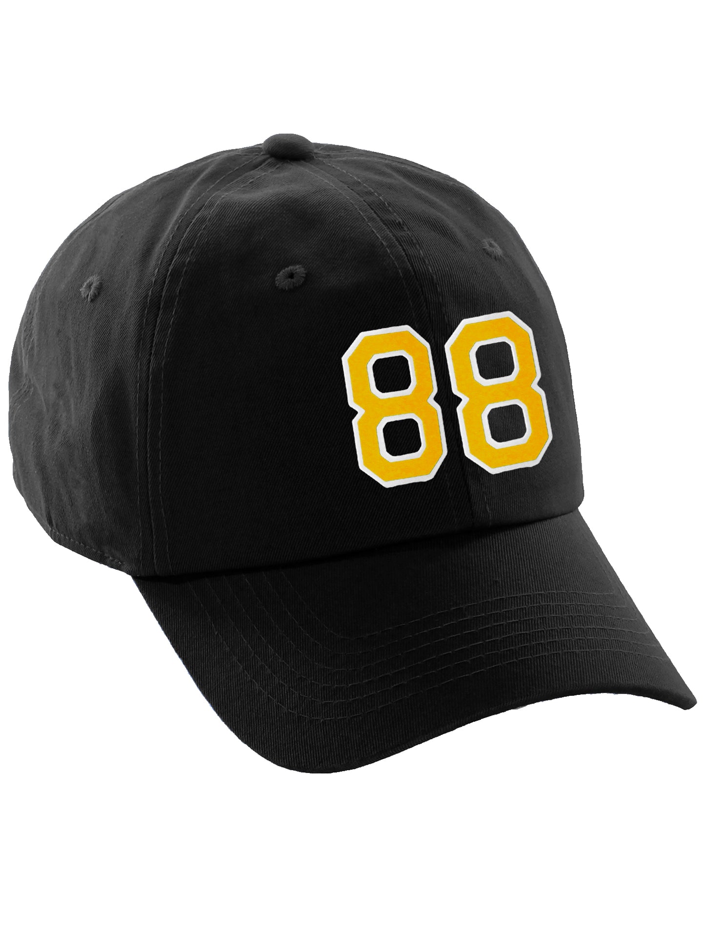 I&W Hatgear Customized Number Hat 00 to 99 Team Colors Baseball Cap, Black Hat White Gold