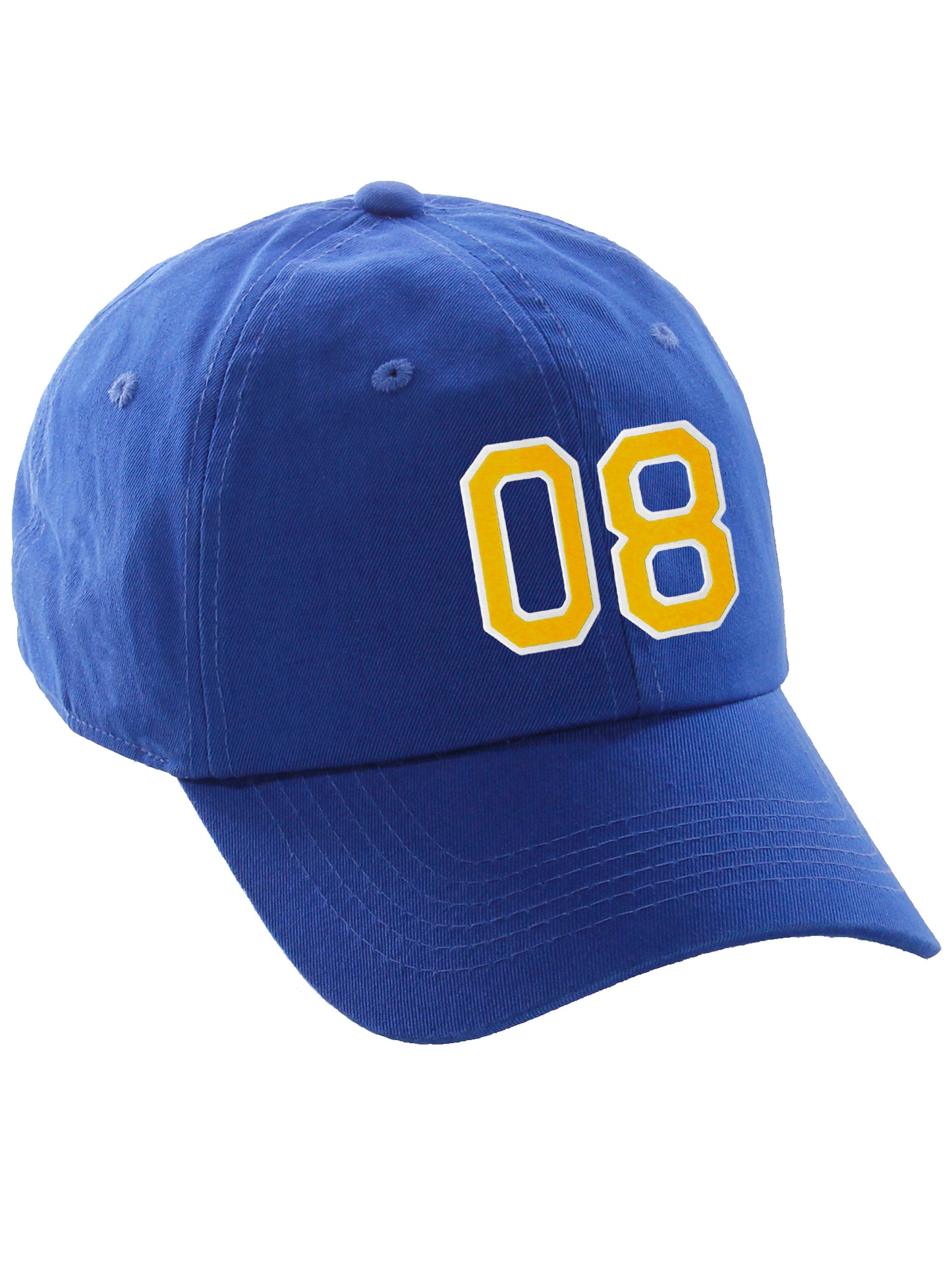 I&W Hatgear Customized Number Hat 00 to 99 Team Colors Baseball Cap, Blue hat White Gold