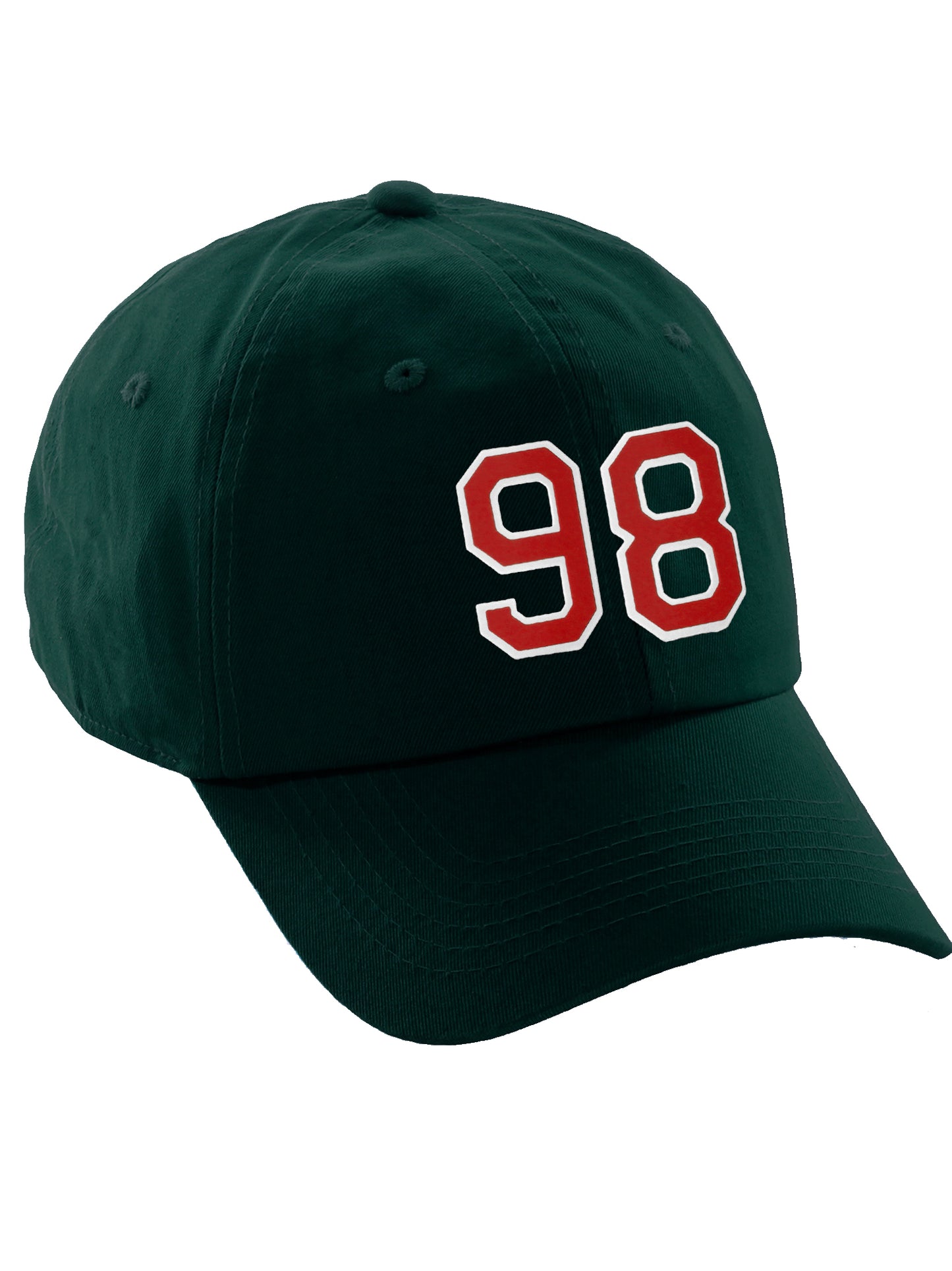 I&W Hatgear Customized Number Hat 00 to 99 Team Colors Baseball Cap, Dk Green Hat White Red