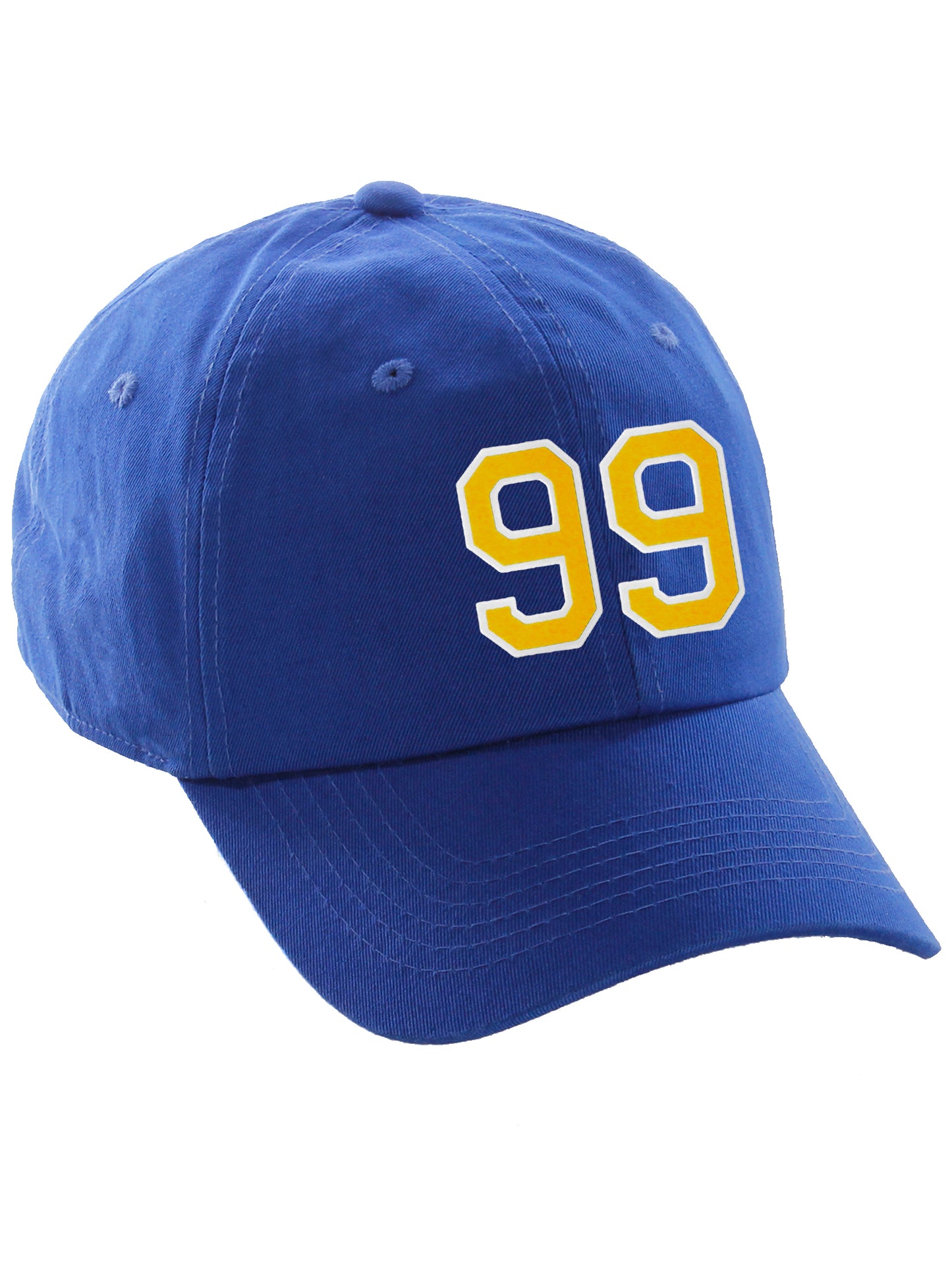 I&W Hatgear Customized Number Hat 00 to 99 Team Colors Baseball Cap, Blue hat White Gold