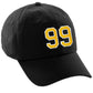 I&W Hatgear Customized Number Hat 00 to 99 Team Colors Baseball Cap, Black Hat White Gold