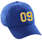 I&W Hatgear Customized Number Hat 00 to 99 Team Colors Baseball Cap, Blue hat White Gold