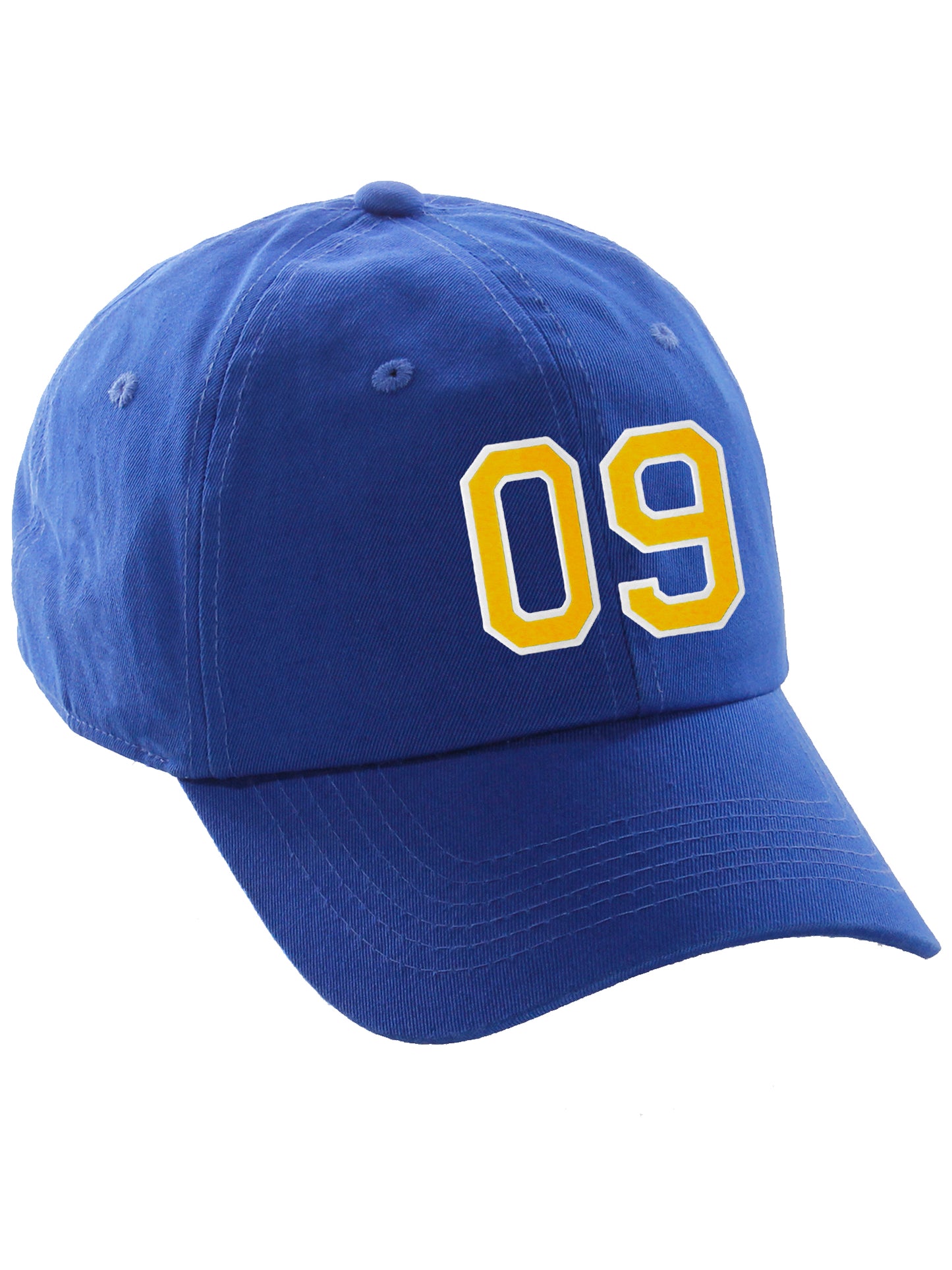 I&W Hatgear Customized Number Hat 00 to 99 Team Colors Baseball Cap, Blue hat White Gold