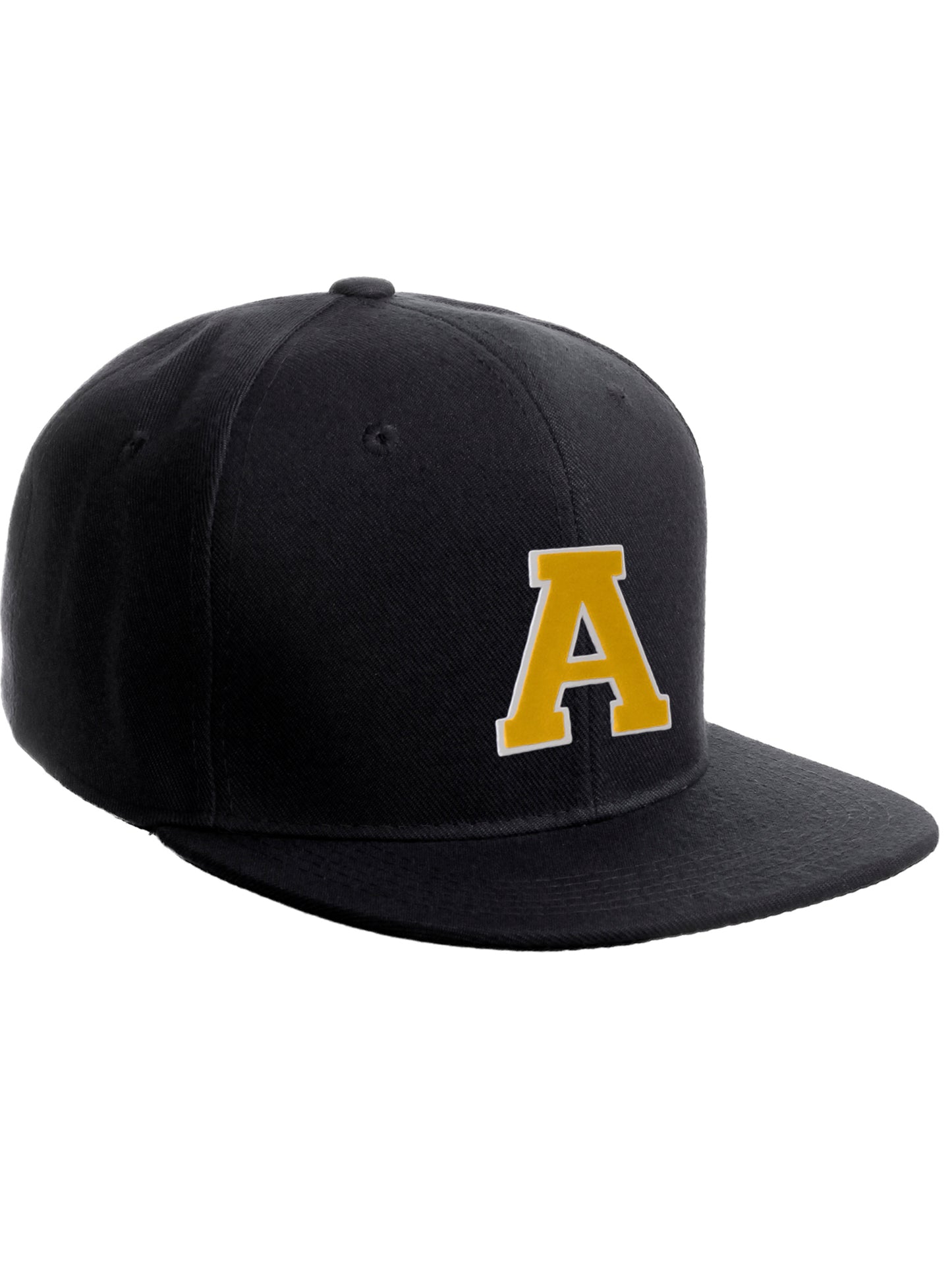 Classic Snapback Hat Custom A to Z Initial Raised Letters, Black Cap White Gold