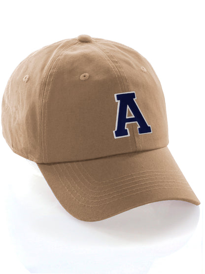 I&W Hatgear Customized Letter Initial Baseball Hat A to Z Team Colors, Khaki Cap White Navy