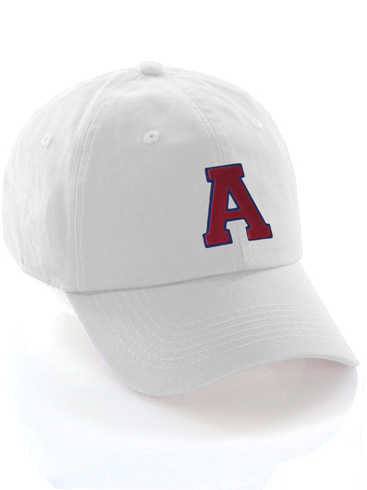 I&W Hatgear Customized Letter Initial Baseball Hat A to Z Team Colors, White Cap Blue Red