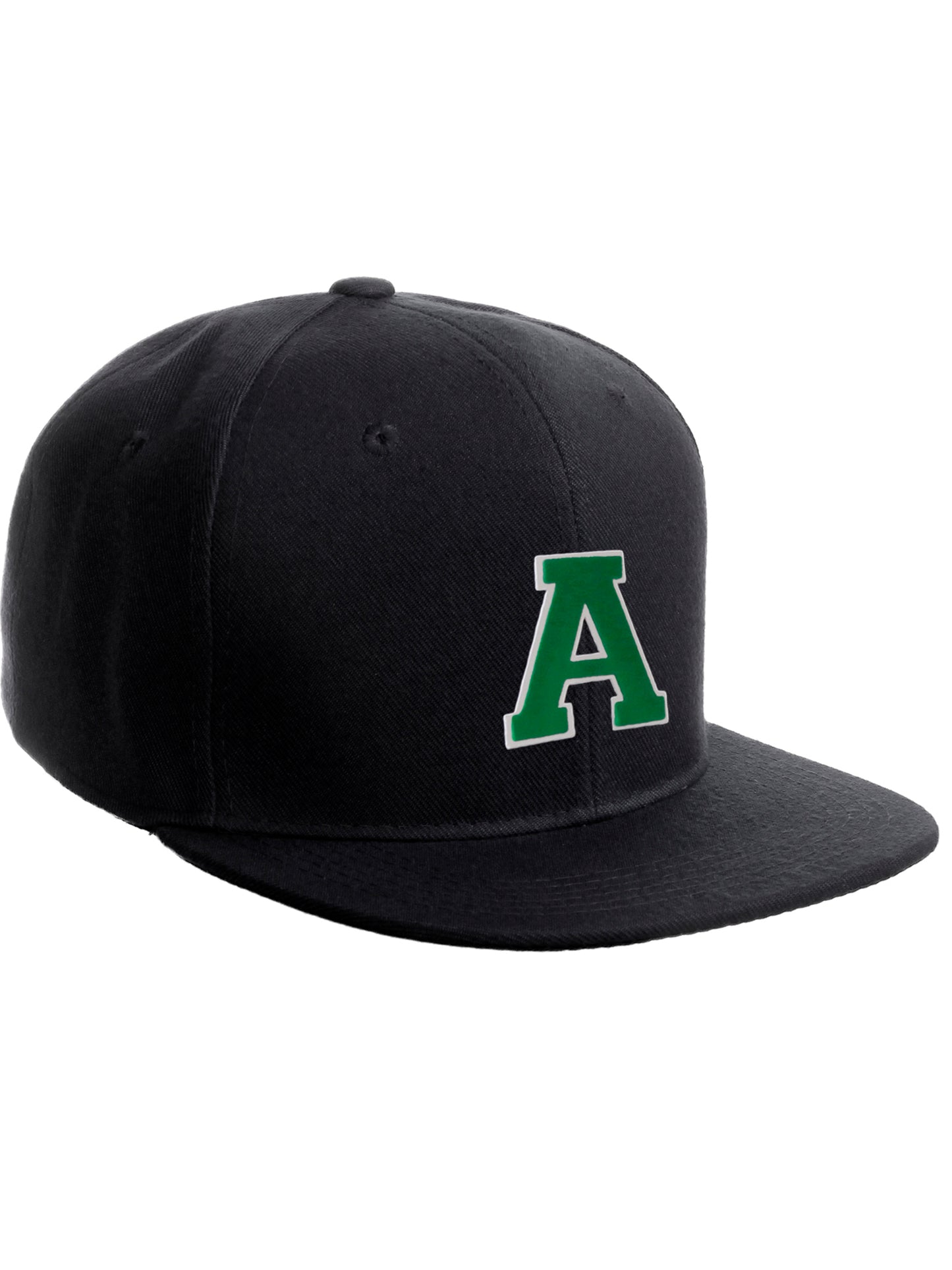 Classic Snapback Hat Custom A to Z Initial Raised Letters, Black Cap White Green