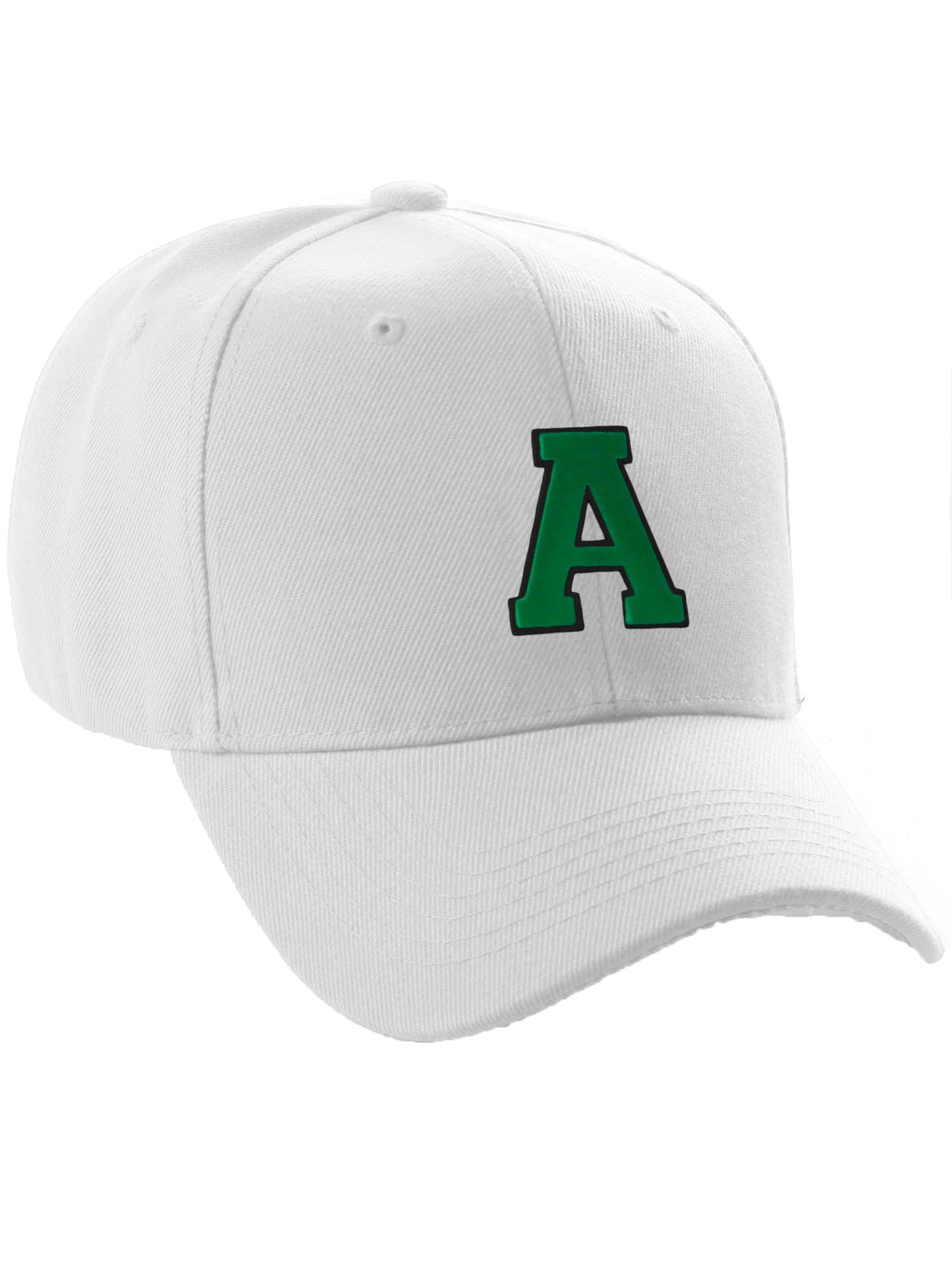 Classic Baseball Hat Custom A to Z Initial Team Letter, White Cap Black Green