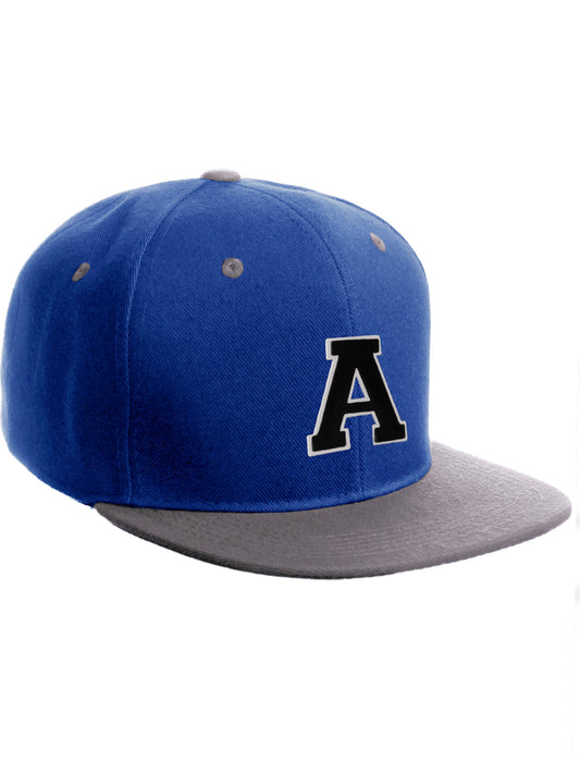 Classic Snapback Hat Custom A to Z Initial Letters, Royal Grey Cap Whte Black