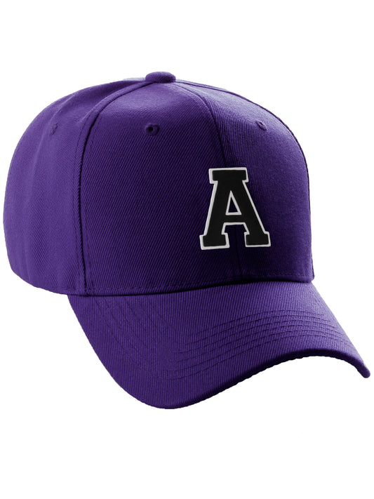 Classic Baseball Hat Custom A to Z Initial Team Letter, Purple Cap White Black