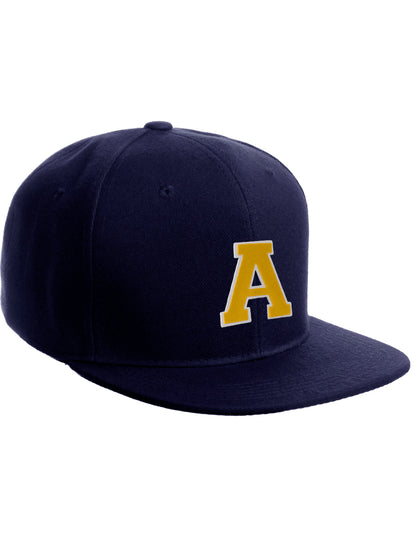 Classic Snapback Hat Custom A to Z Initial Letters, Navy Cap White Gold