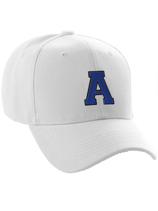 Classic Baseball Hat Custom A to Z Initial Team Letter, White Cap Black Blue