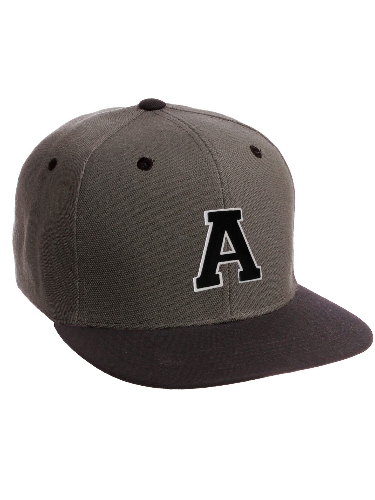 Classic Snapback Hat Custom A to Z Initial Letters, Charcoal Black Cap Wht Blk