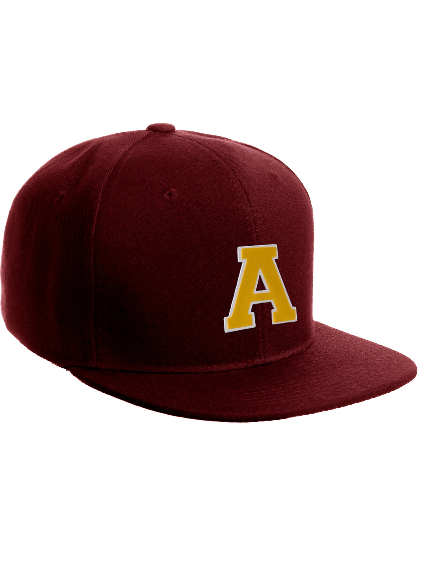 Classic Snapback Hat Custom A to Z Initial Letters, Burgundy Cap White Gold