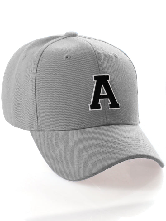 Classic Baseball Hat Custom A to Z Initial Team Letter, Lt Gray Cap White Black