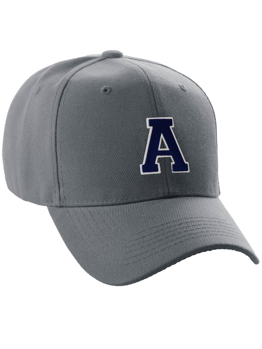 Classic Baseball Hat Custom A to Z Initial Team Letter, Charcoal Cap White Navy