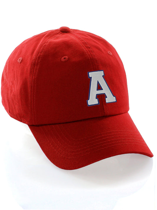 Customized Letter Initial Baseball Hat A to Z Team Colors, Red Cap Blue White