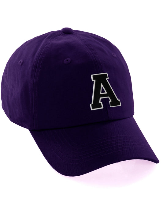 Customized Letter Initial Baseball Hat A to Z Team Colors, Purple Cap White Black