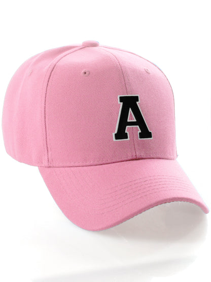 Classic Baseball Hat Custom A to Z Initial Team Letter, Pink Cap White Black