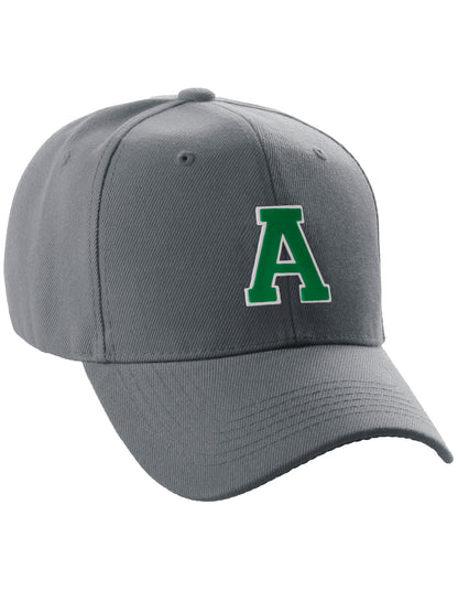 Classic Baseball Hat Custom A to Z Initial Team Letter, Charcoal Cap White Green