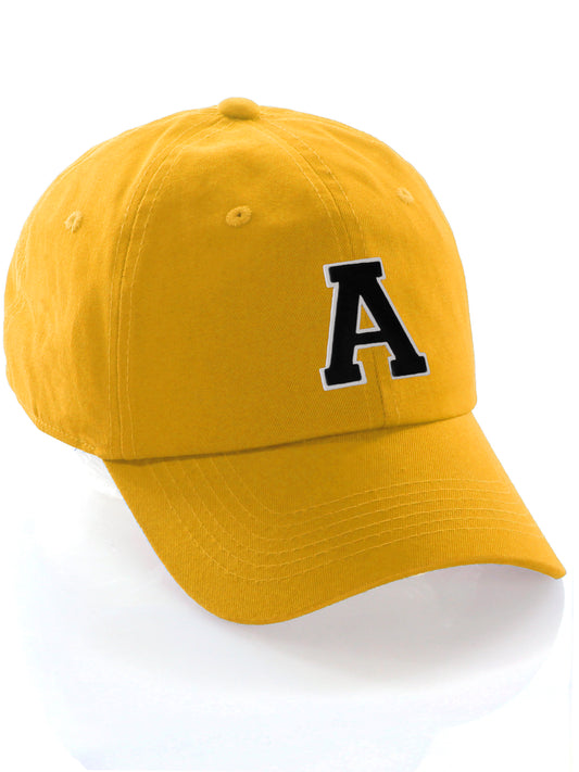 I&W Hatgear Customized Letter Initial Baseball Hat A to Z Team Colors, Gold Cap White Black