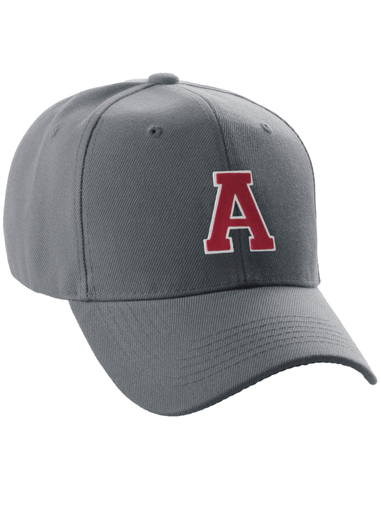 Classic Baseball Hat Custom A to Z Initial Team Letter, Charcoal Cap White Red