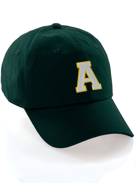 Custom Hat A to Z Initial Letters Classic Baseball Cap, Dk Green Hat Gold White