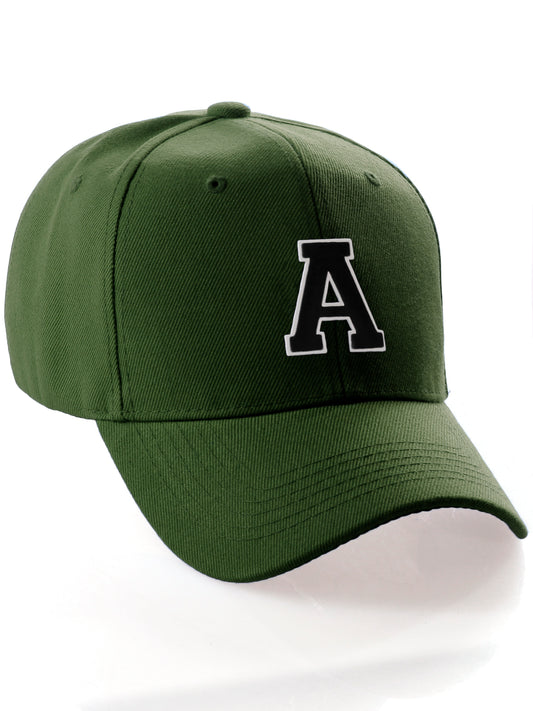 Classic Baseball Hat Custom A to Z Initial Team Letter, Olive Cap White Black