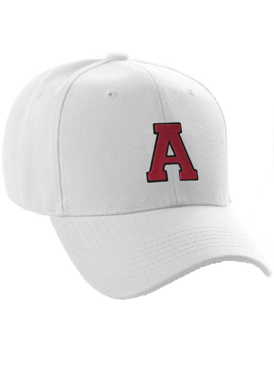 Classic Baseball Hat Custom A to Z Initial Team Letter, White Cap Black Red