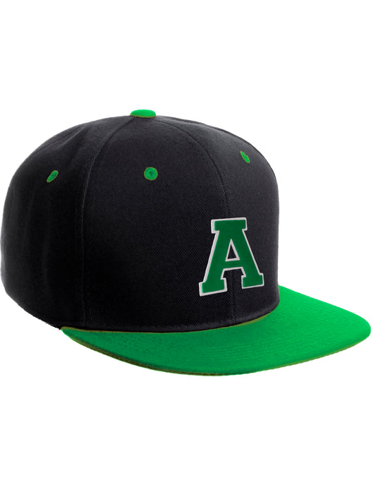 Classic Snapback Hat Custom A to Z Initial Letters, Black Green Cap White Green
