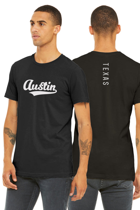 Daxton Adult Unisex Tshirt Austin Script with Texas Vertical on the Back