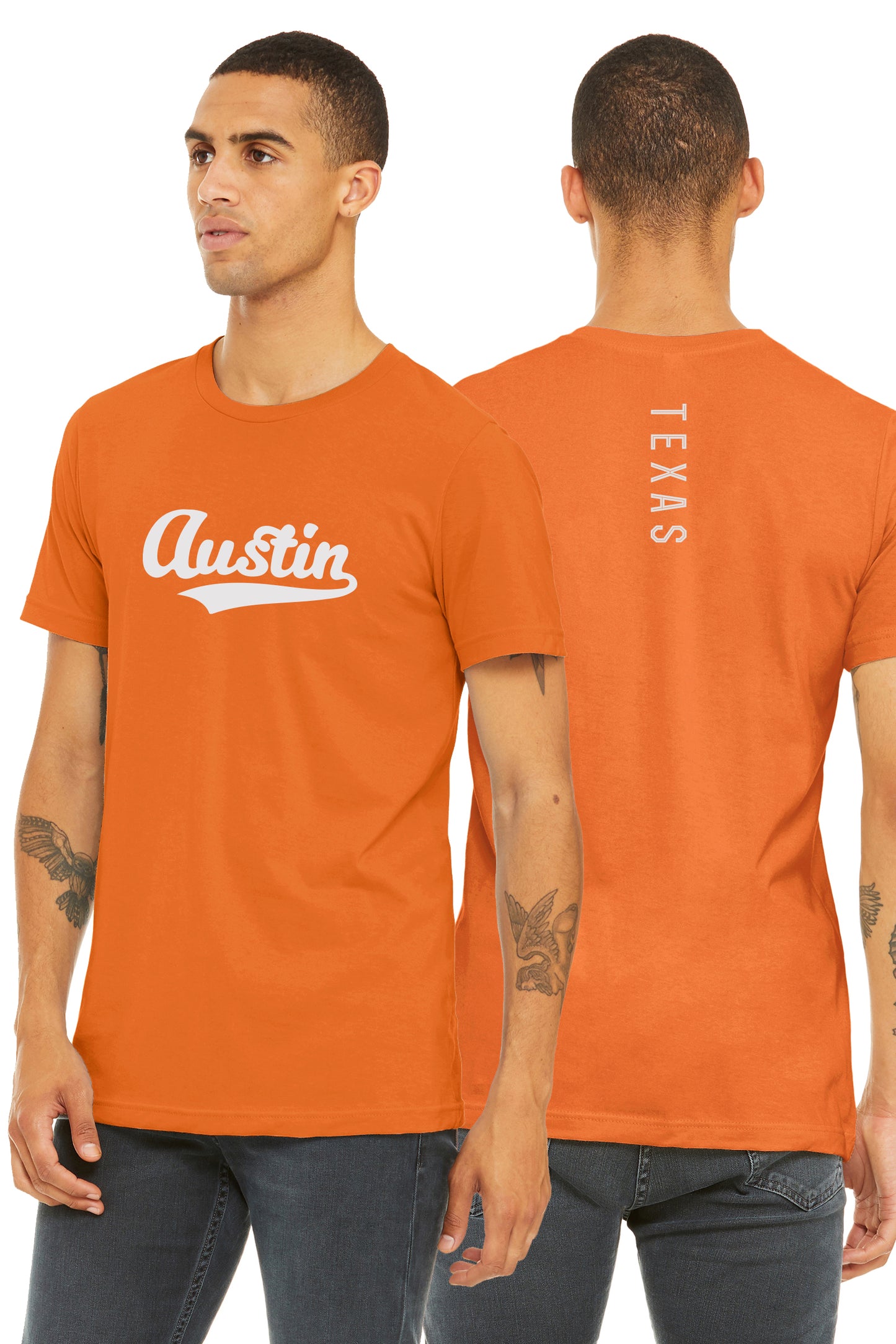 Daxton Adult Unisex Tshirt Austin Script with Texas Vertical on the Back