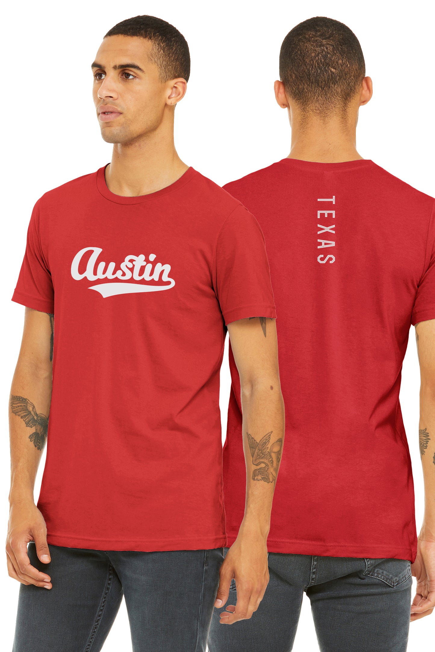 Daxton Adult Unisex Tshirt Austin Script with Texas Vertical on the Back