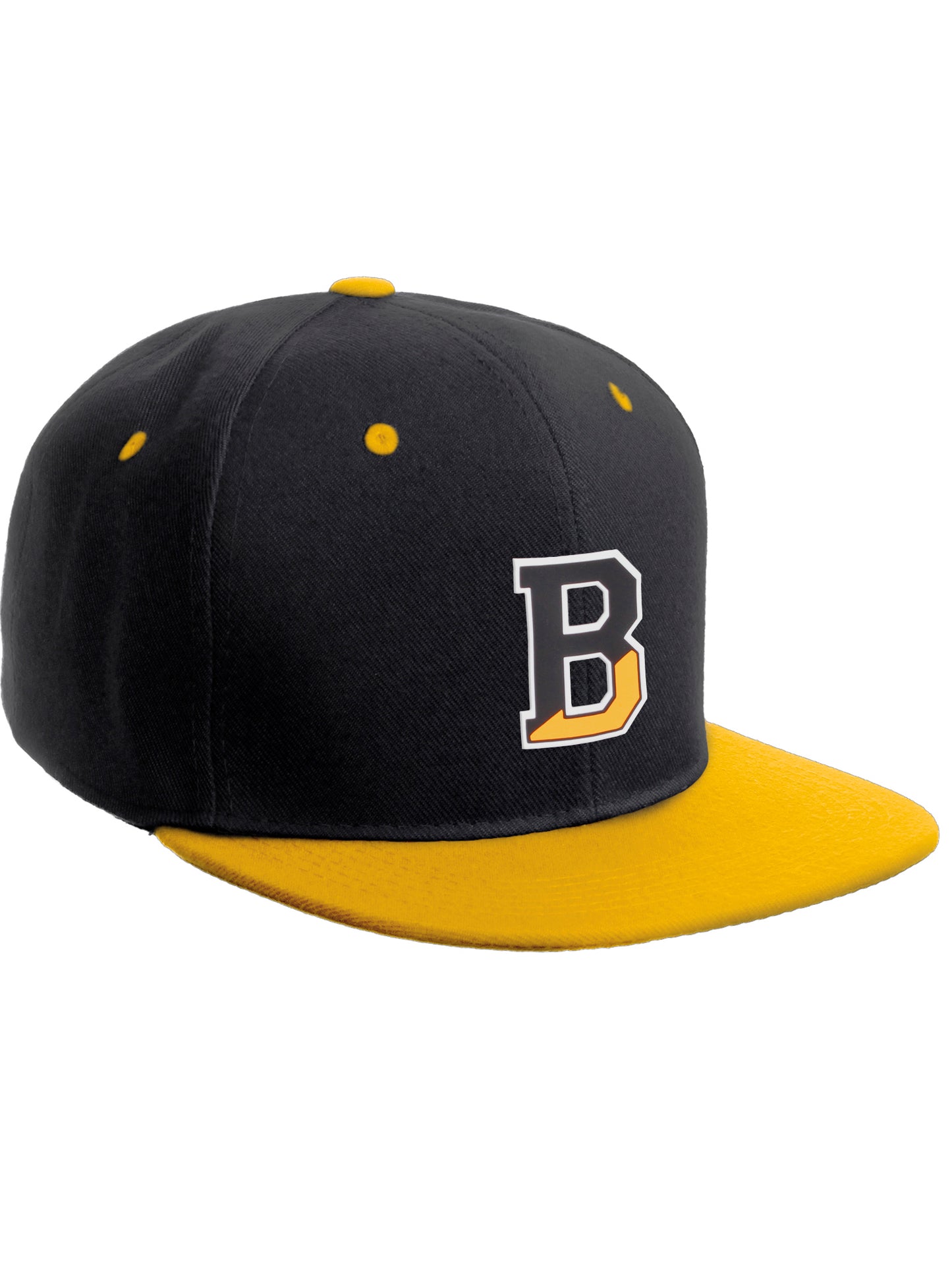 Daxton Classic Snapback Initial Numbers Letters Flat Bill Visor Black Yellow Cap