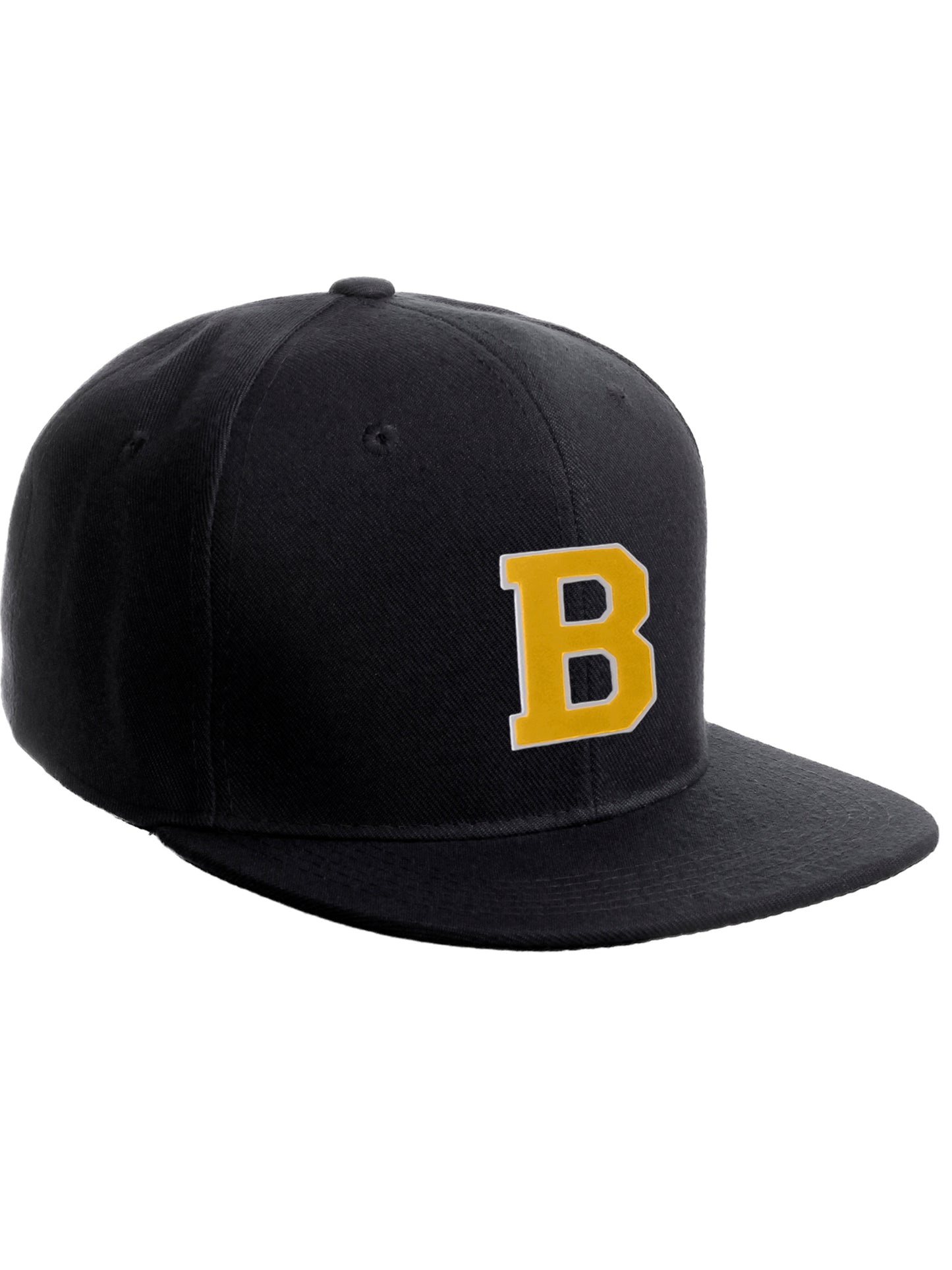 Classic Snapback Hat Custom A to Z Initial Raised Letters, Black Cap White Gold