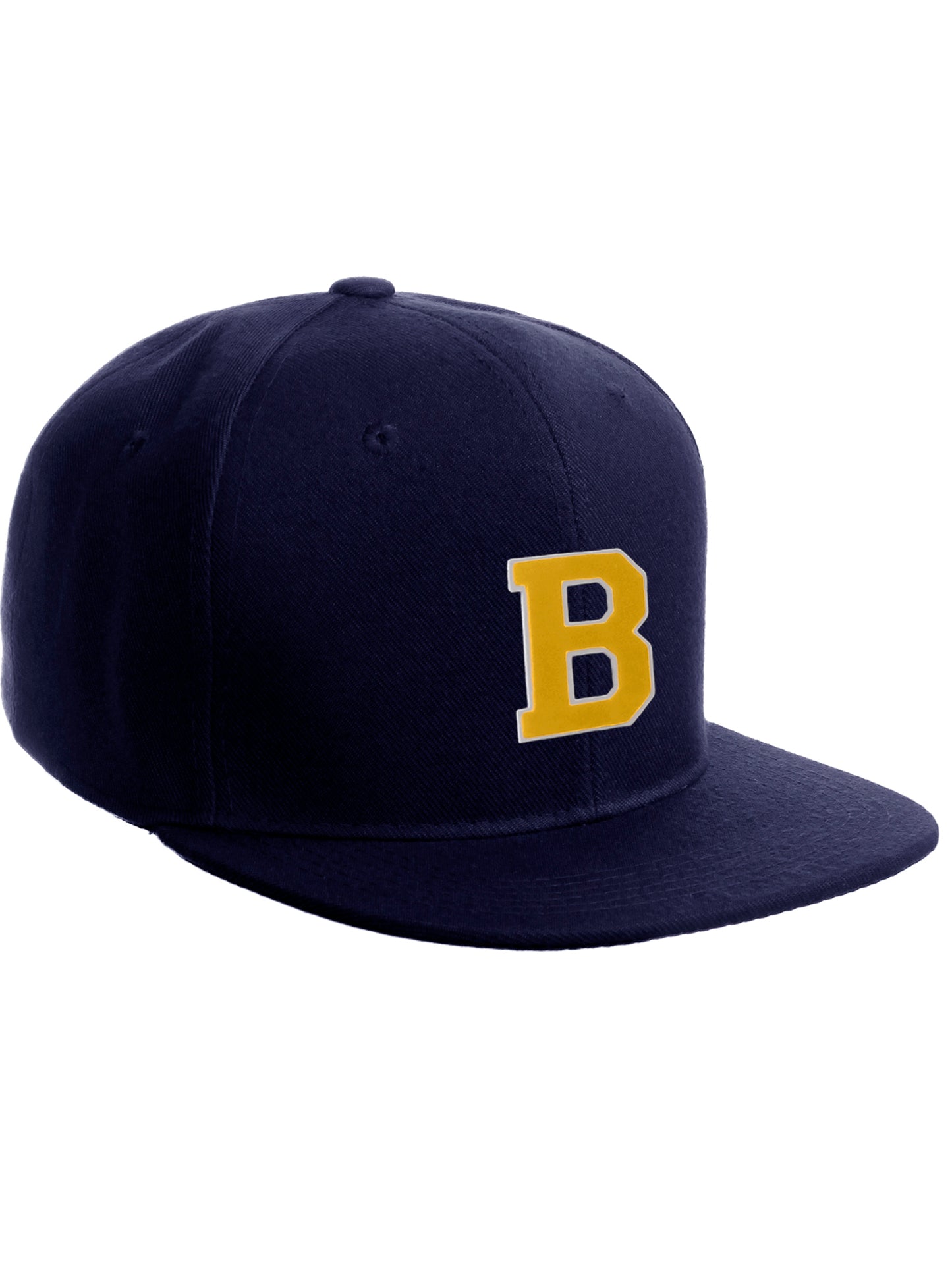 Classic Snapback Hat Custom A to Z Initial Letters, Navy Cap White Gold