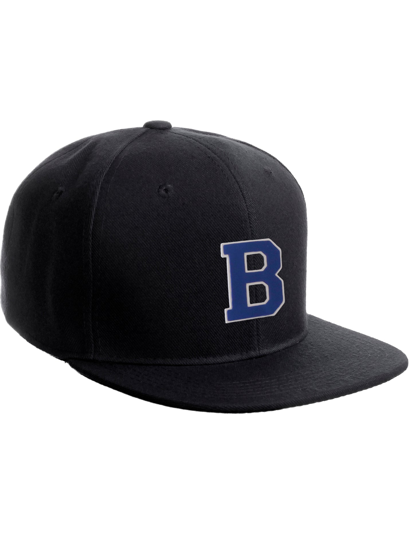Classic Snapback Hat Custom A to Z Initial Raised Letters, Black Cap White Royal