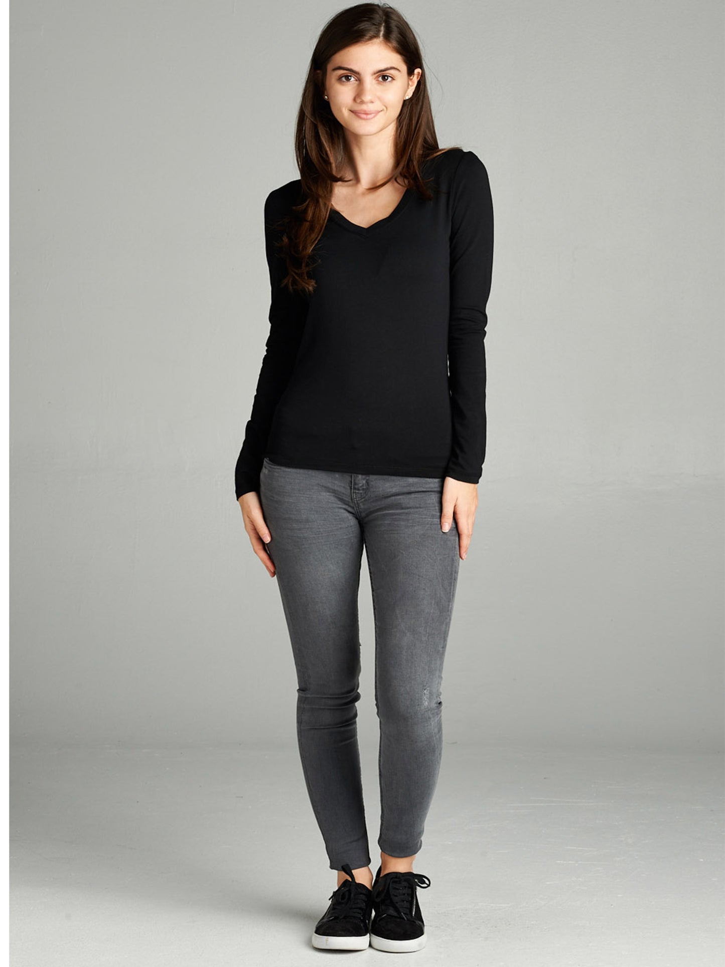 Emmalise Women's Junior and Plus Size Vneck Tshirt Long Sleeves Shirt Tee