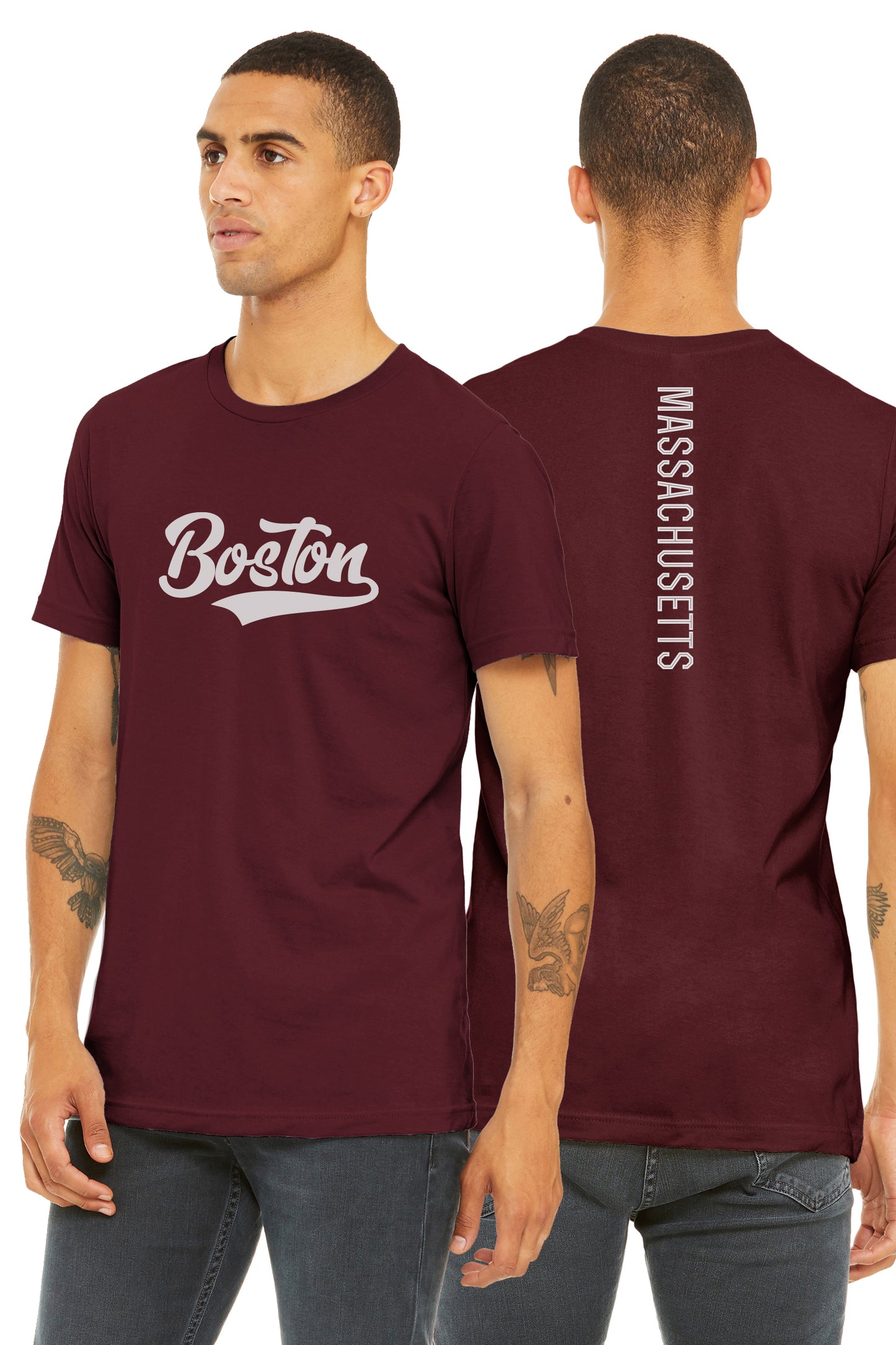 Daxton Adult Unisex Tshirt Boston Script with Massachusett Vertical on the Back