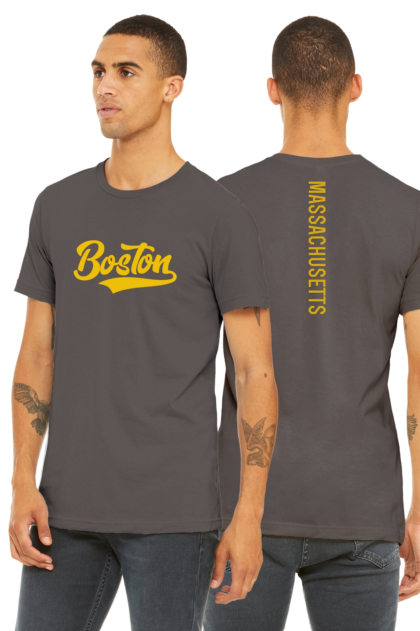 Daxton Adult Unisex Tshirt Boston Script with Massachusett Vertical on the Back