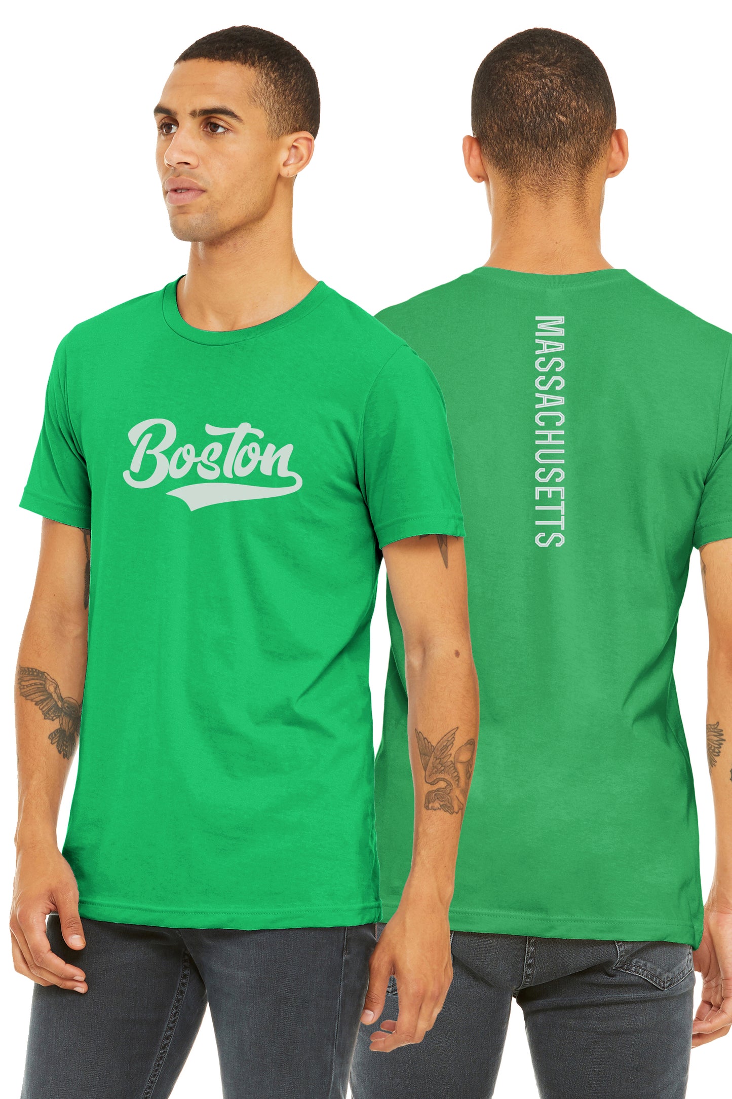 Daxton Adult Unisex Tshirt Boston Script with Massachusett Vertical on the Back