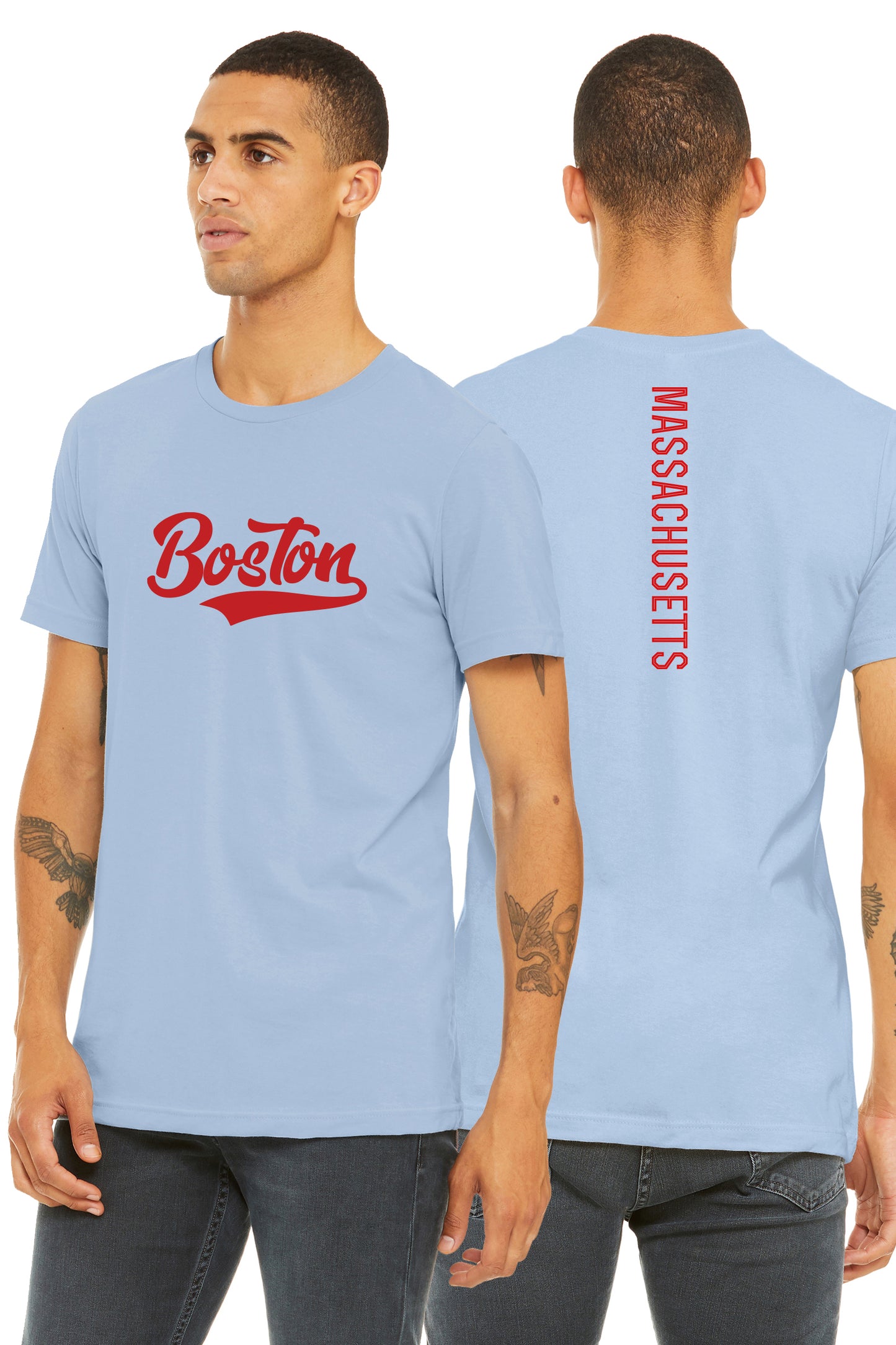 Daxton Adult Unisex Tshirt Boston Script with Massachusett Vertical on the Back